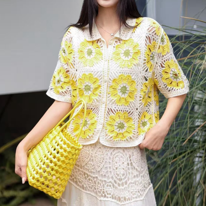 Crochet Top Boho - Granny Square Crochet Knit Polo Shirt