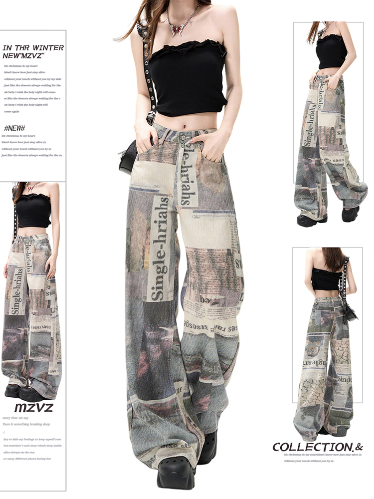 Mom Jean High Rise - Winter Women's Denim Pants Print Grunge