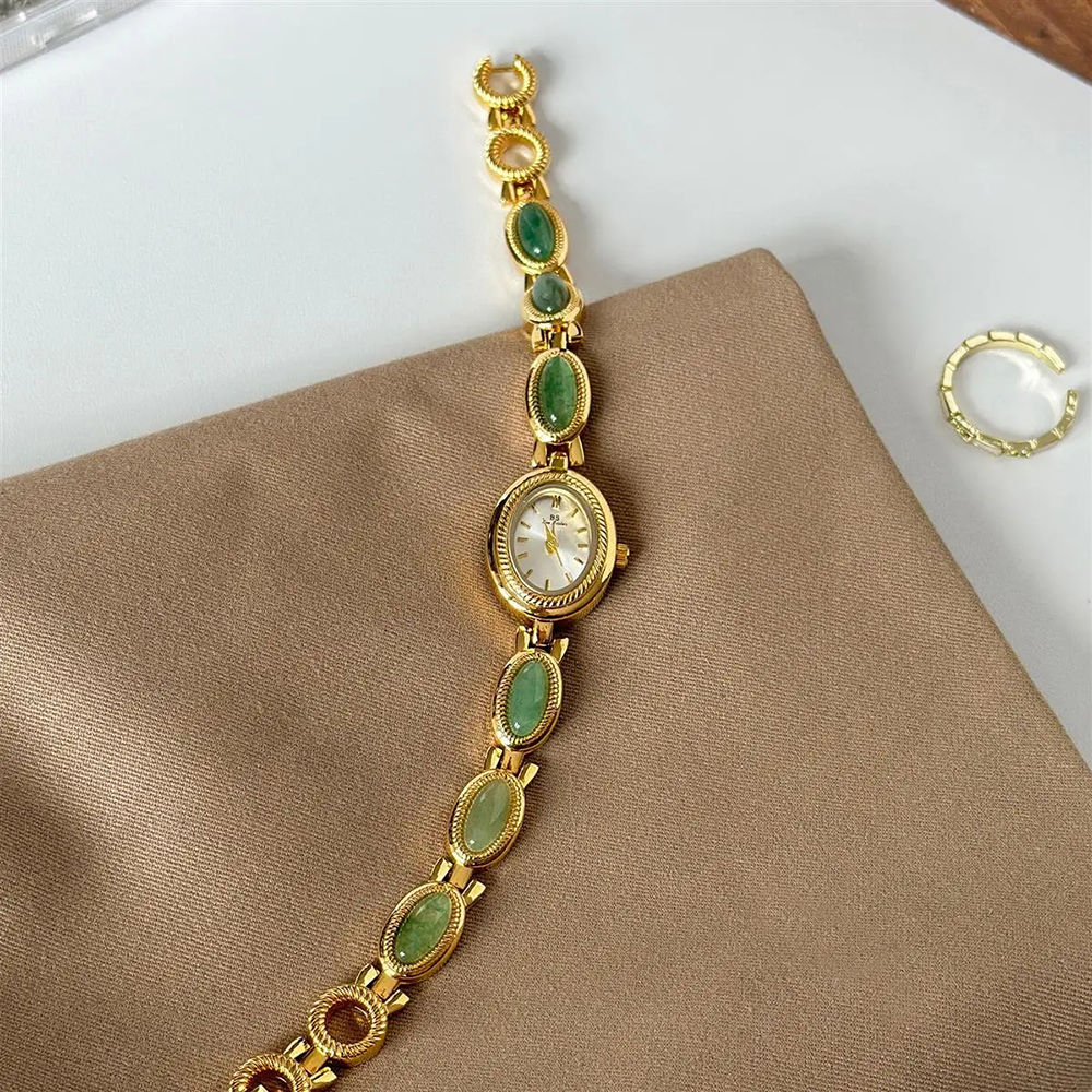Vintage Fashion Watches - Women's Gold Watch Vintage Brown Jade
