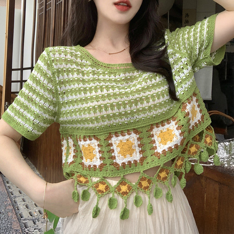 Crochet Top Boho - Short Sleeve Granny Squares Crochet Top