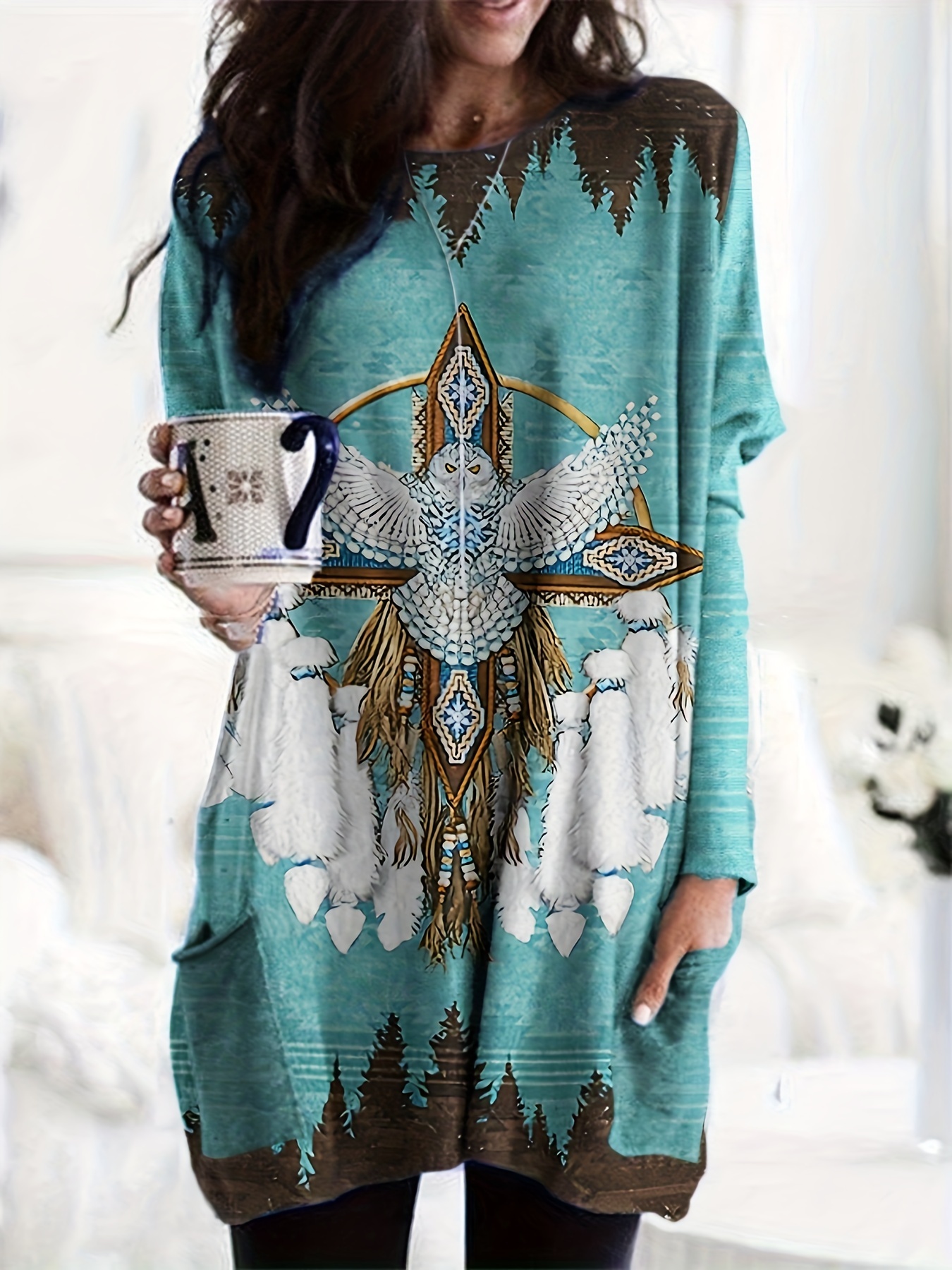 Usa Vintage Fashion - Vintage Print Long Sleeve V-Neck Button-Front