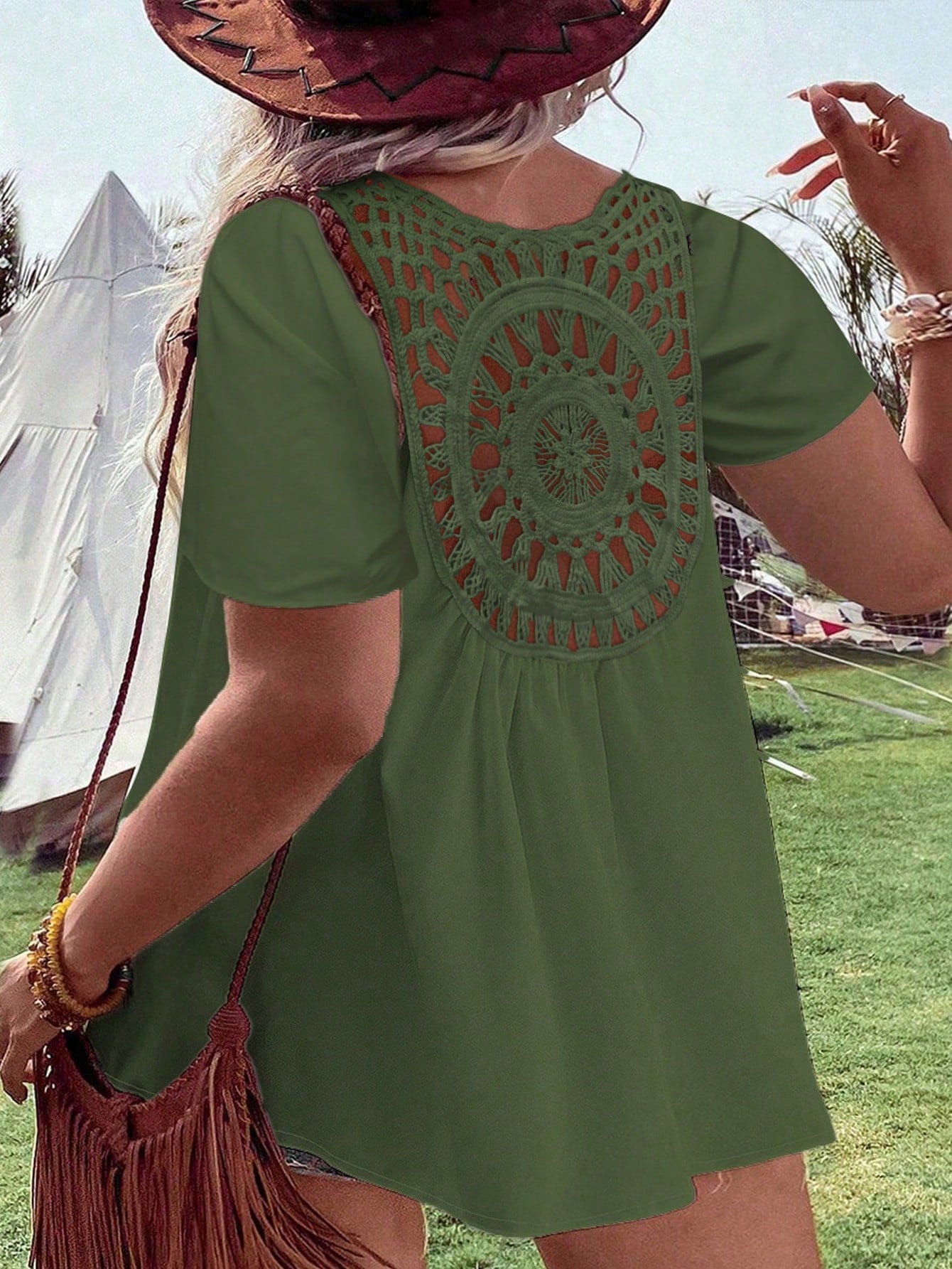 Crochet Top Boho - Women's Plus Size Crochet Back Blouse,