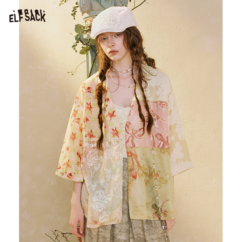 Crochet Top Boho - ELFSACK Patchwork Kimono Blouse with Floral