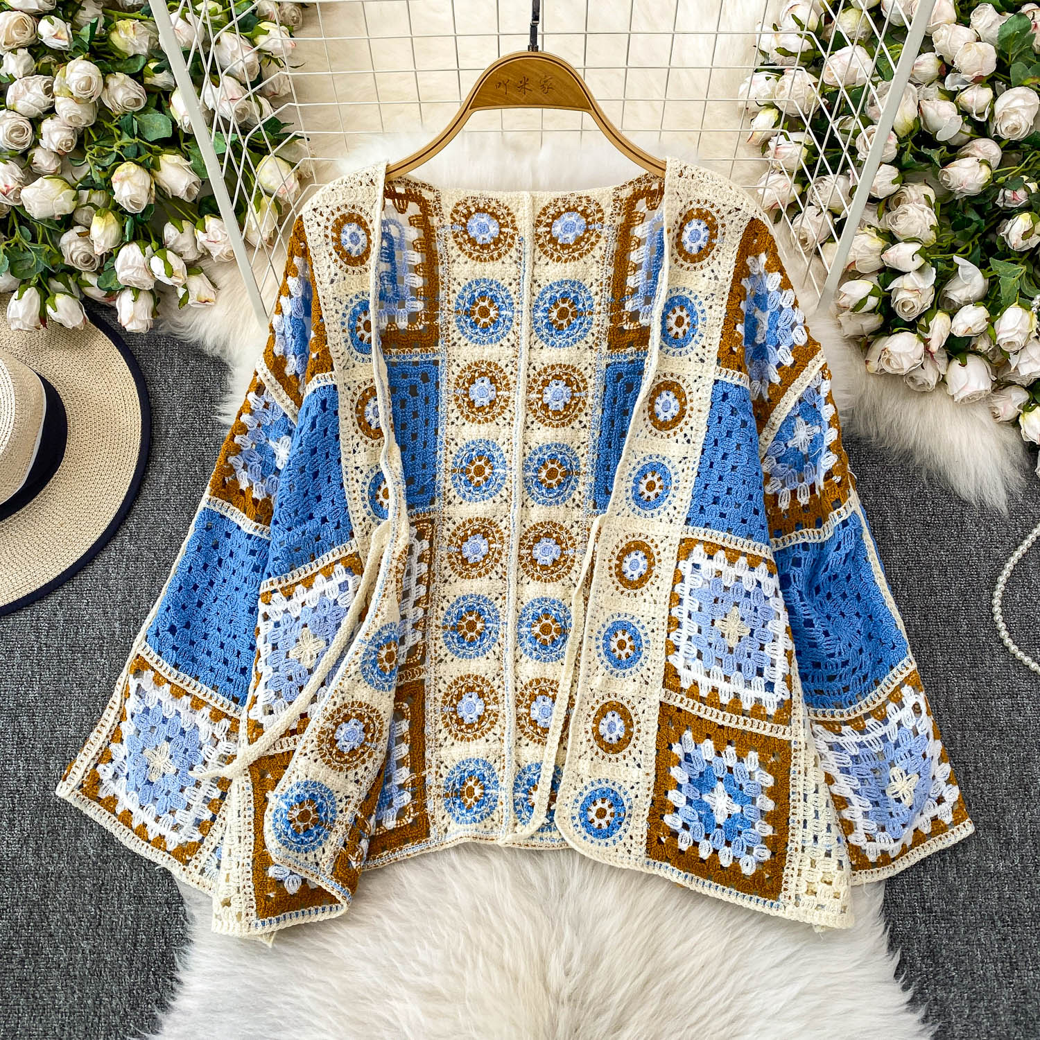 Crochet Top Boho - Women's Crochet Cardigan Open Front with