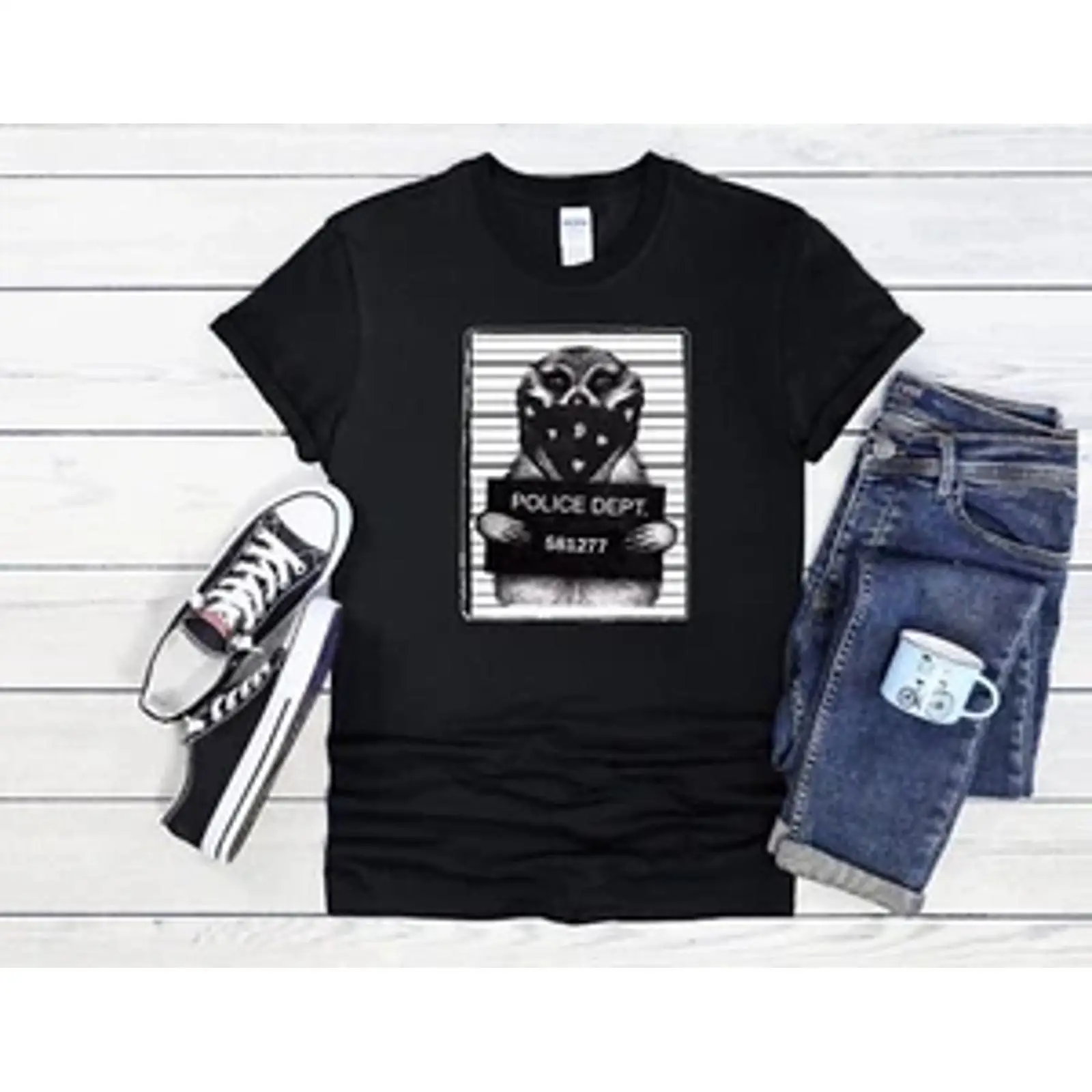 Vintage Fashion Herren - Erdmännchen T Shirt Polizei Mugshot Fun