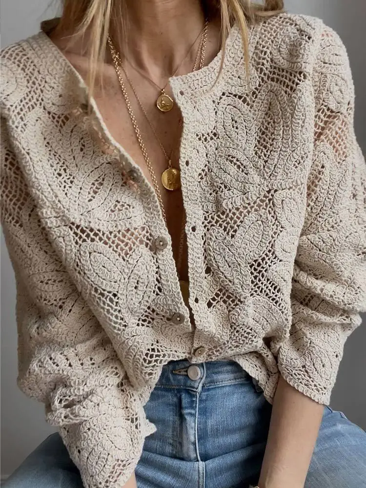 Crochet Top Boho - Women's Crochet Knit Shirts Button-up Embroidered