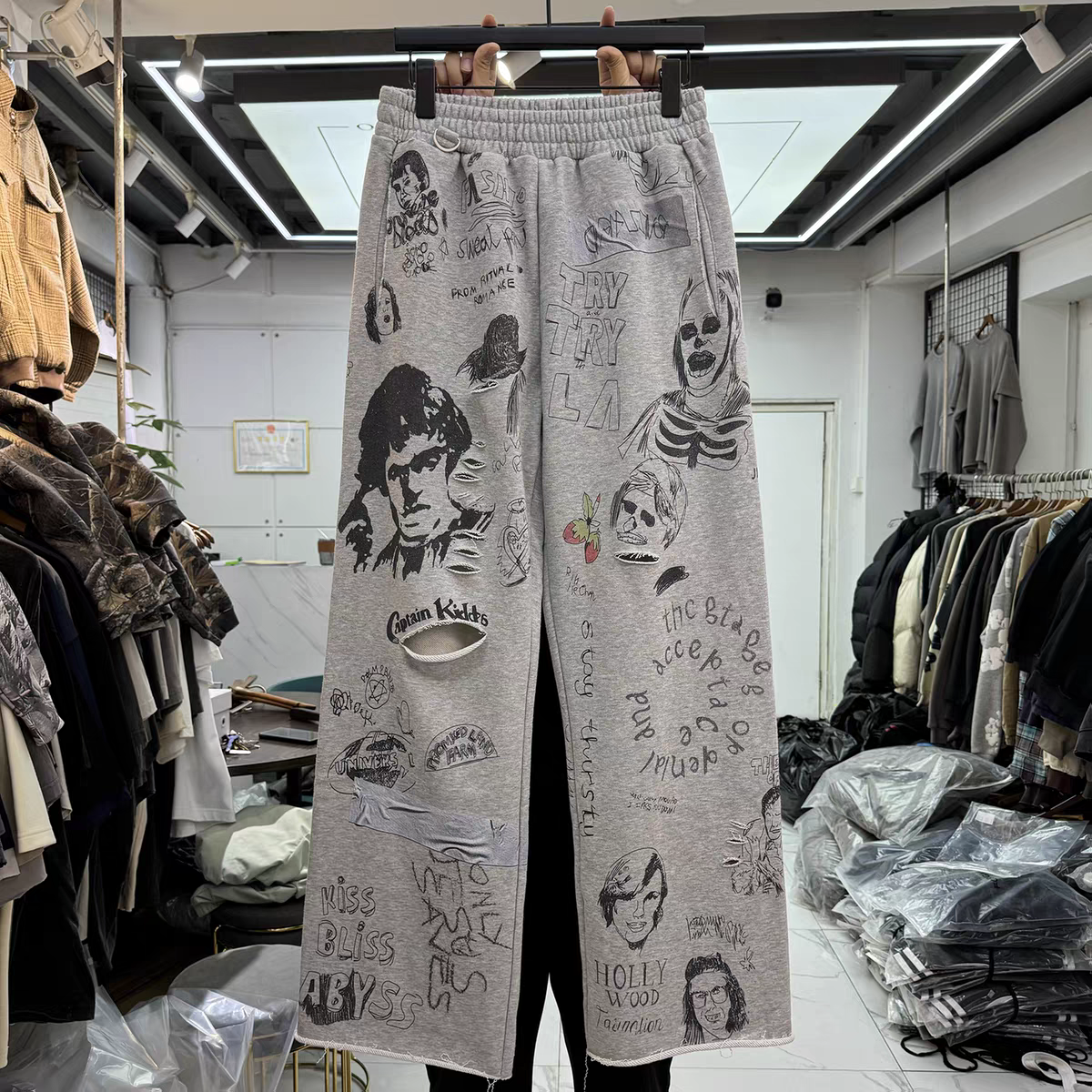 Retro Track Pant - Retro Graffiti Character Letter Print Wide