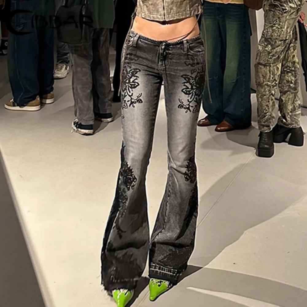 Mom Jean High Rise - Streetwear Flare Jeans Women Distressed Floral