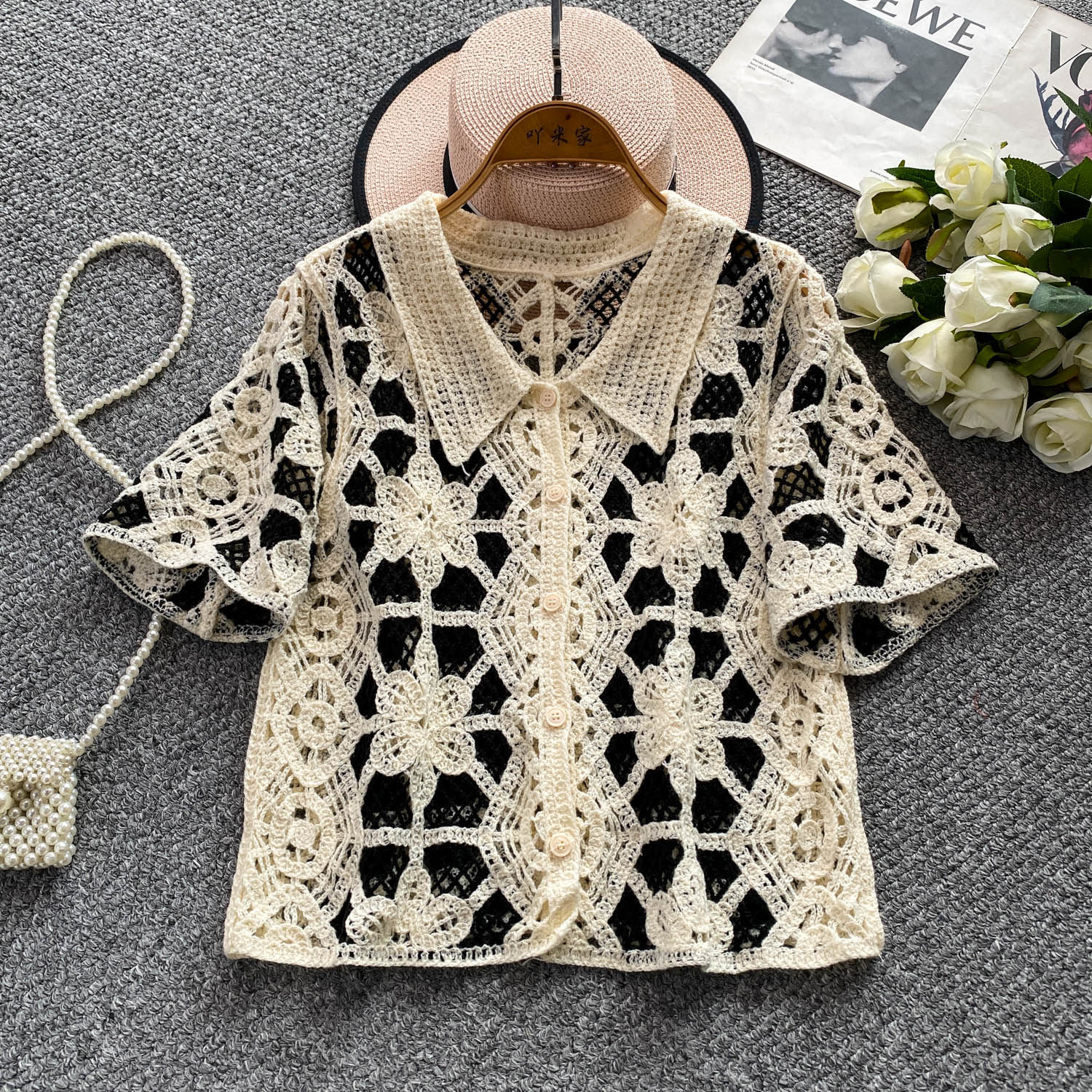 Button Up Crochet Top Short Sl - Crochet Top Boho 评论和价格