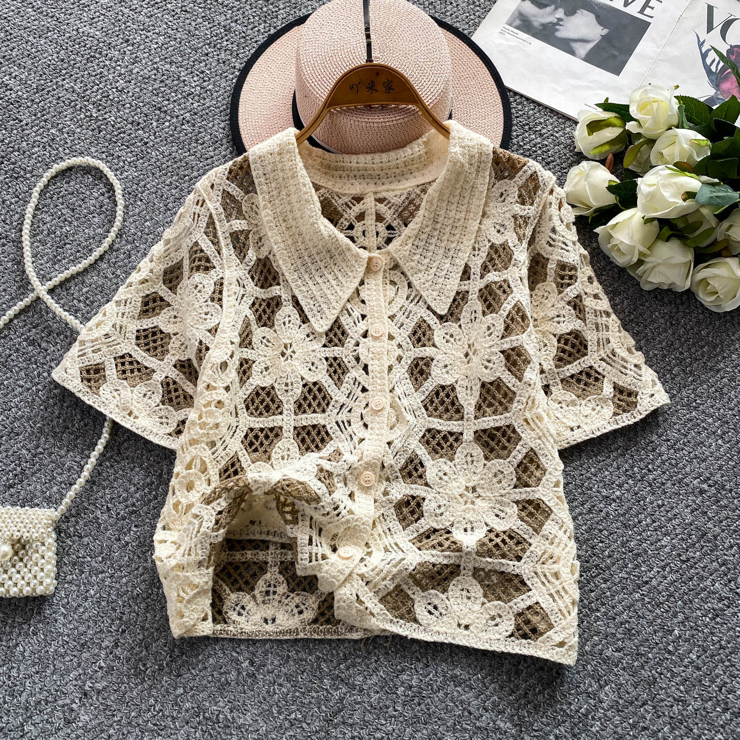 Button Up Crochet Top Short Sl - Crochet Top Boho 评论和价格