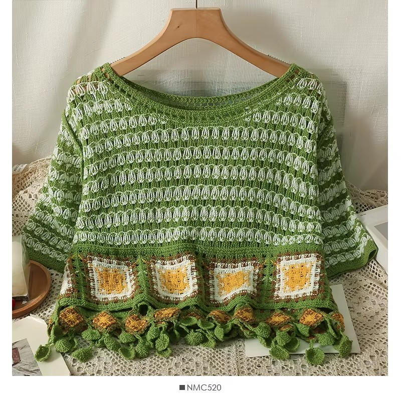 Short Sleeve Granny Squares Cr - Crochet Top Boho 评论和价格