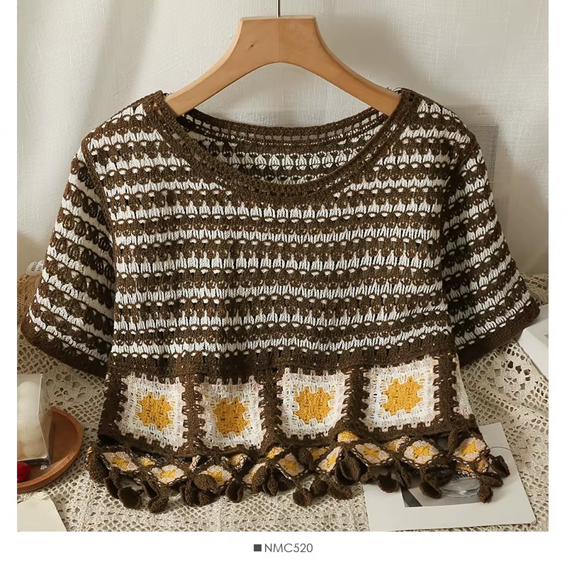 Short Sleeve Granny Squares Cr - Crochet Top Boho 评论和价格