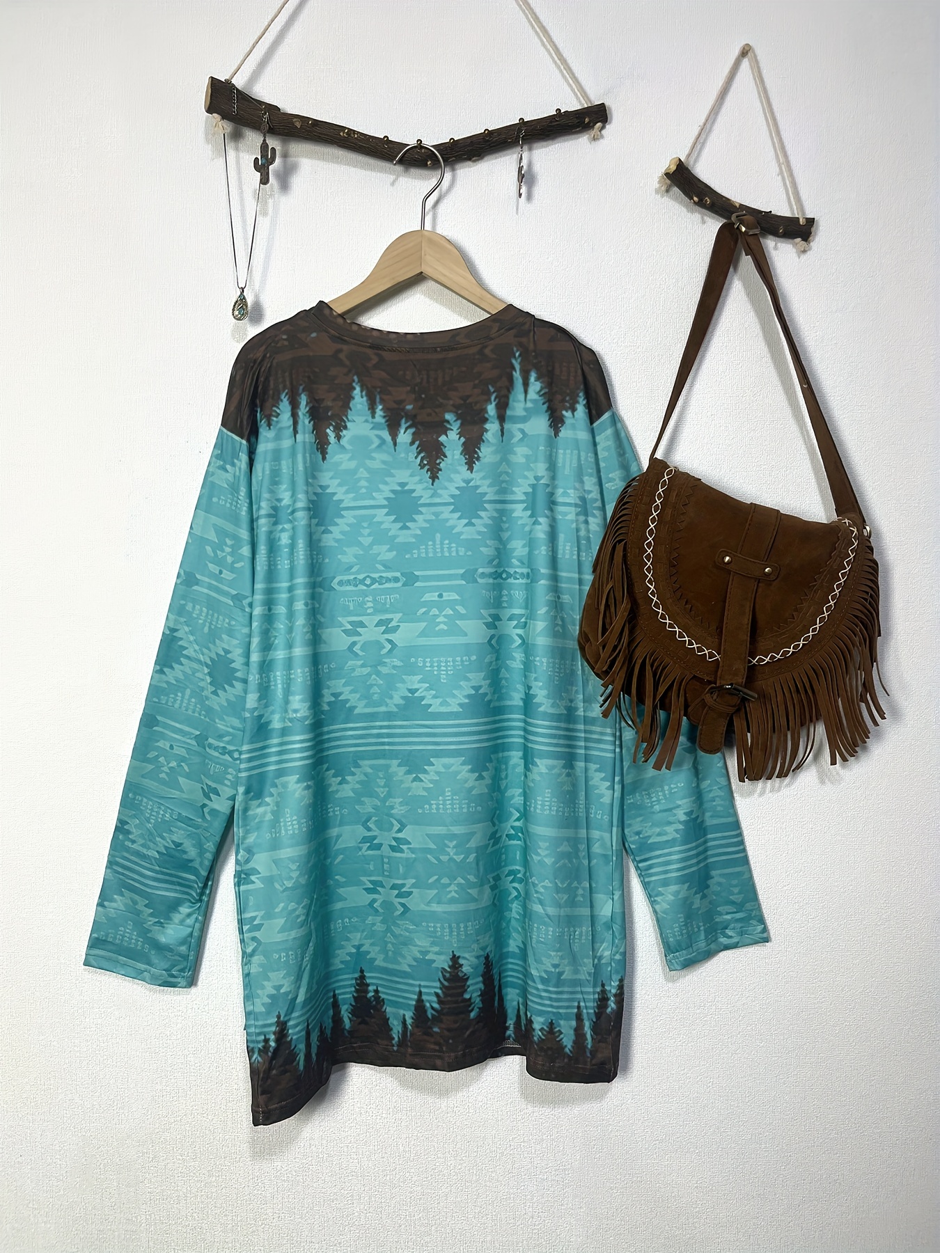 Vintage Print Long Sleeve V-Ne - Usa Vintage Fashion 评论和价格
