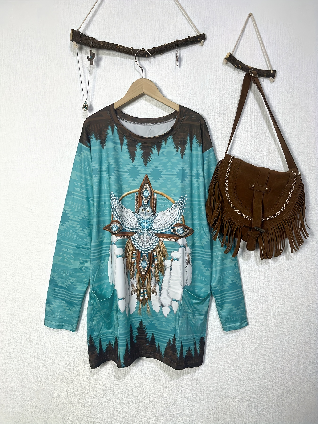 Vintage Print Long Sleeve V-Ne - Usa Vintage Fashion 评论和价格