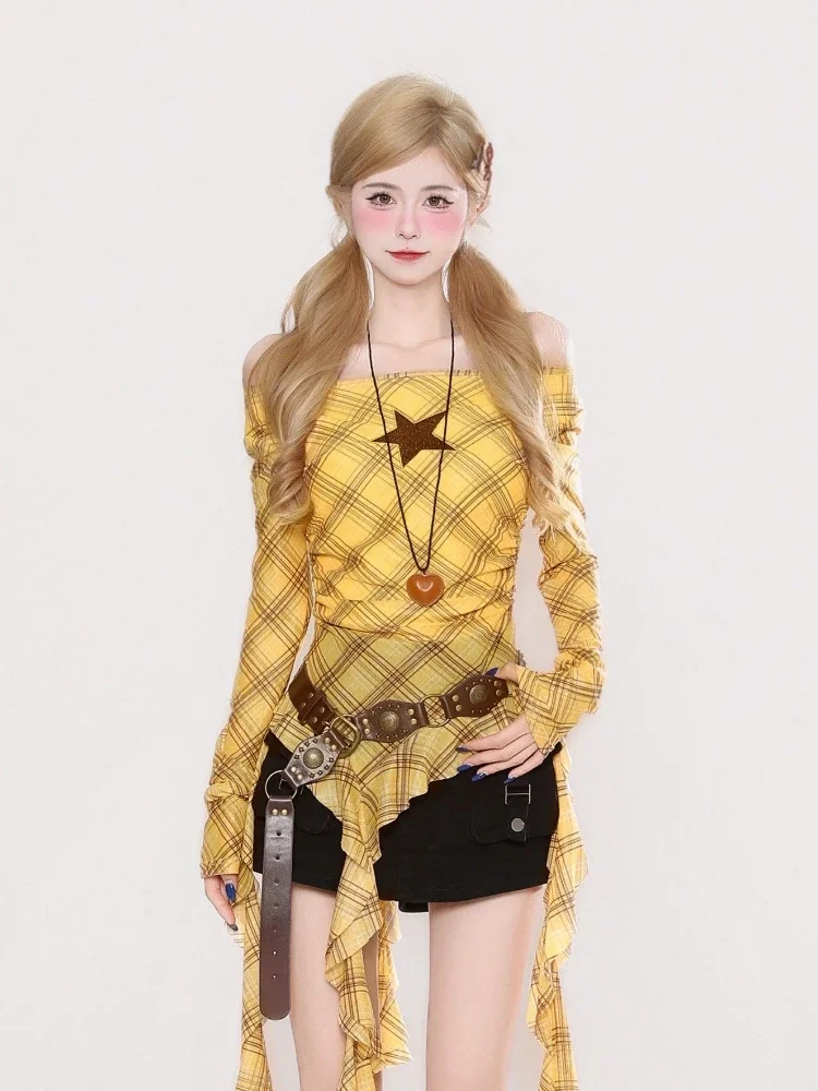 Y2K Plaid Slash Neck Vintage T - Usa Vintage Fashion 评论和价格