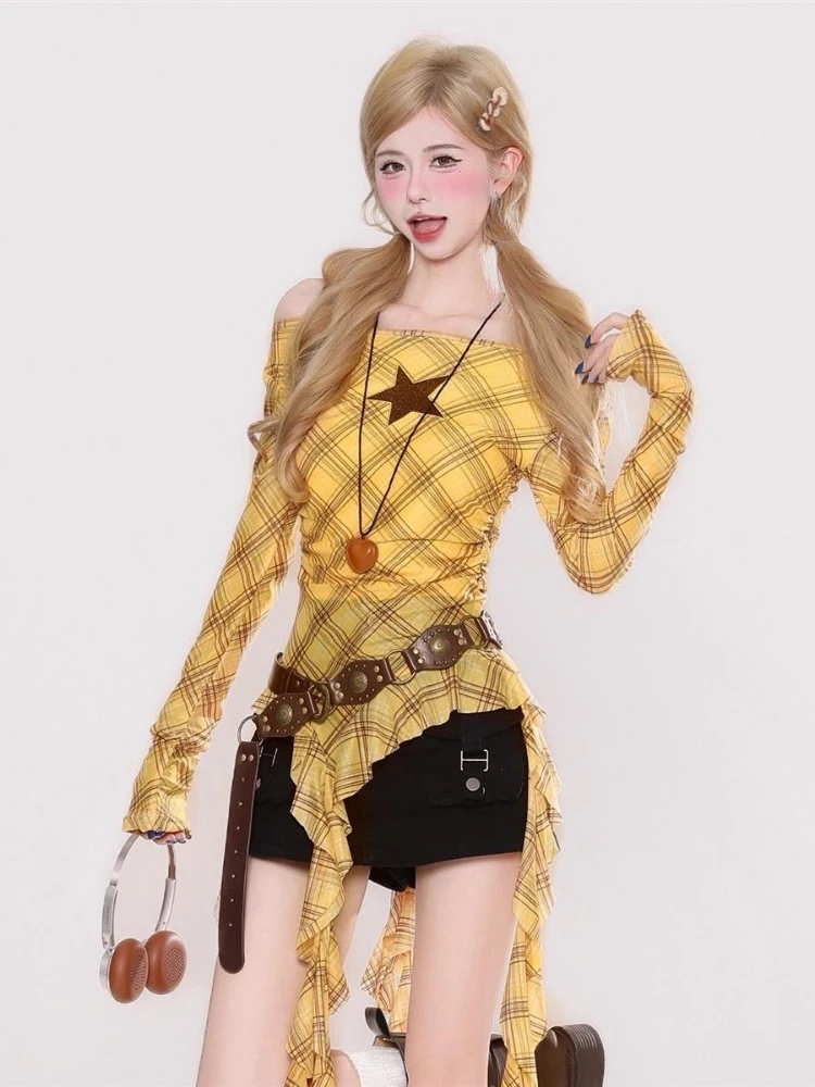 Y2K Plaid Slash Neck Vintage T - Usa Vintage Fashion 评论和价格