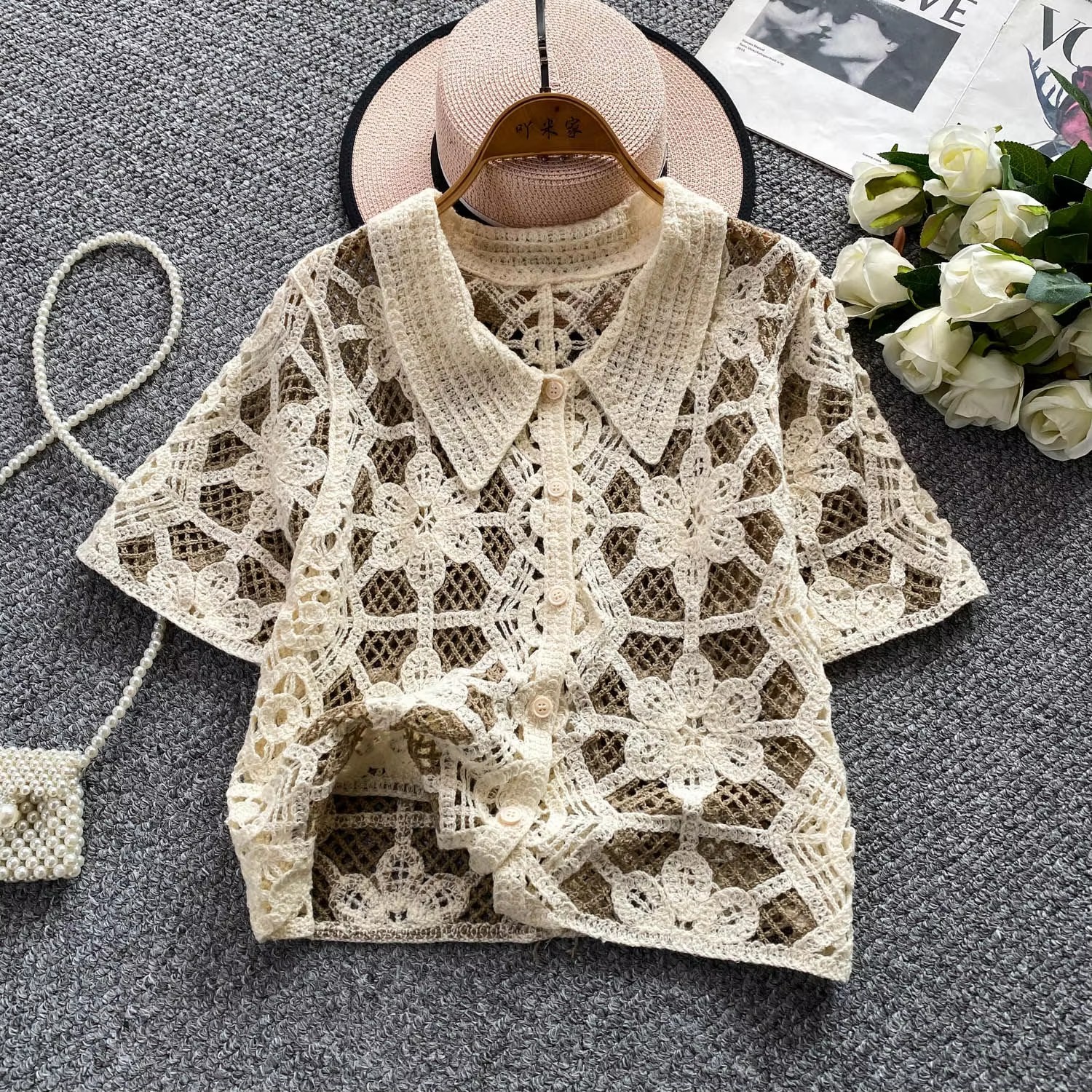 Short Sleeve Button Down Croch - Crochet Top Boho 评论和价格