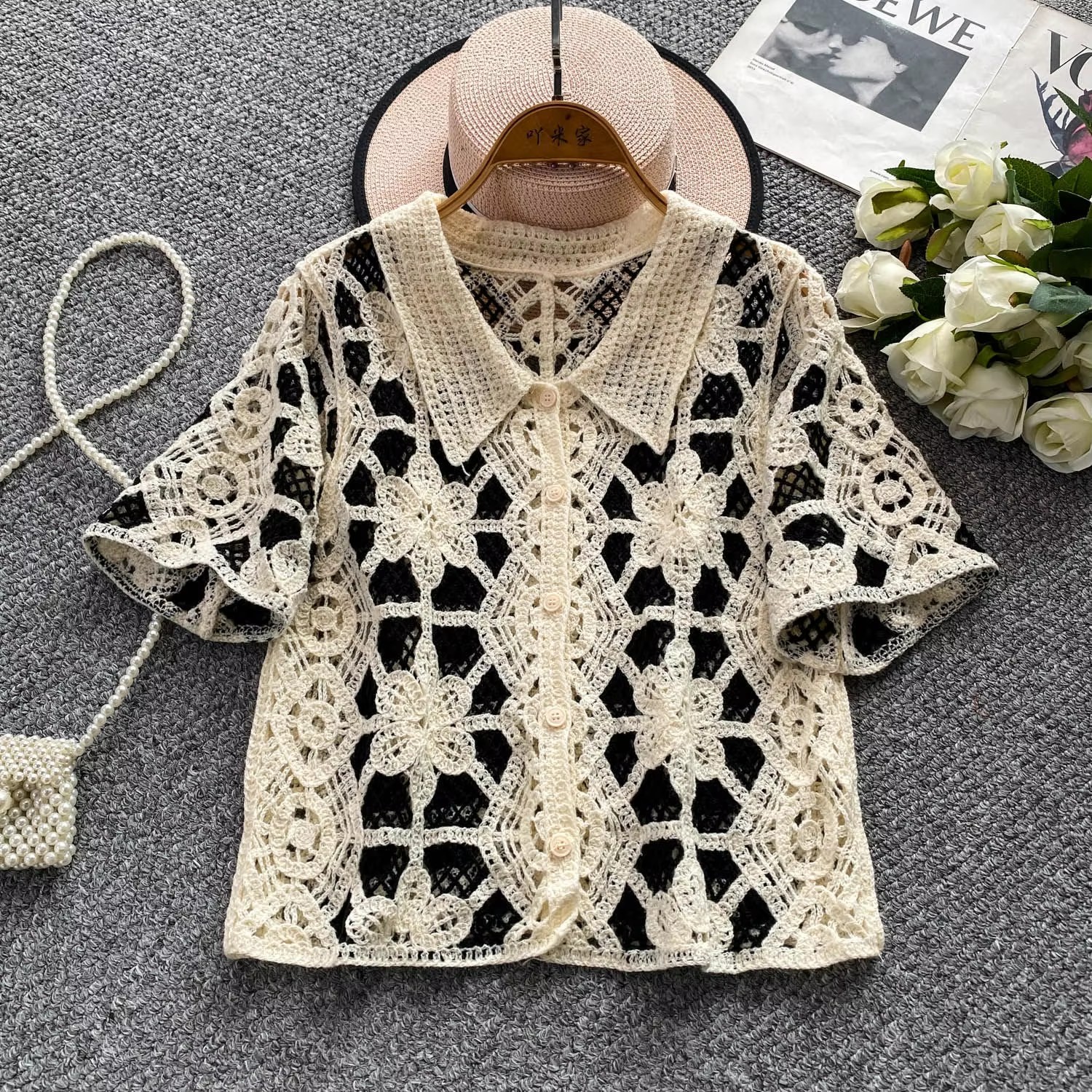 Short Sleeve Button Down Croch - Crochet Top Boho 评论和价格