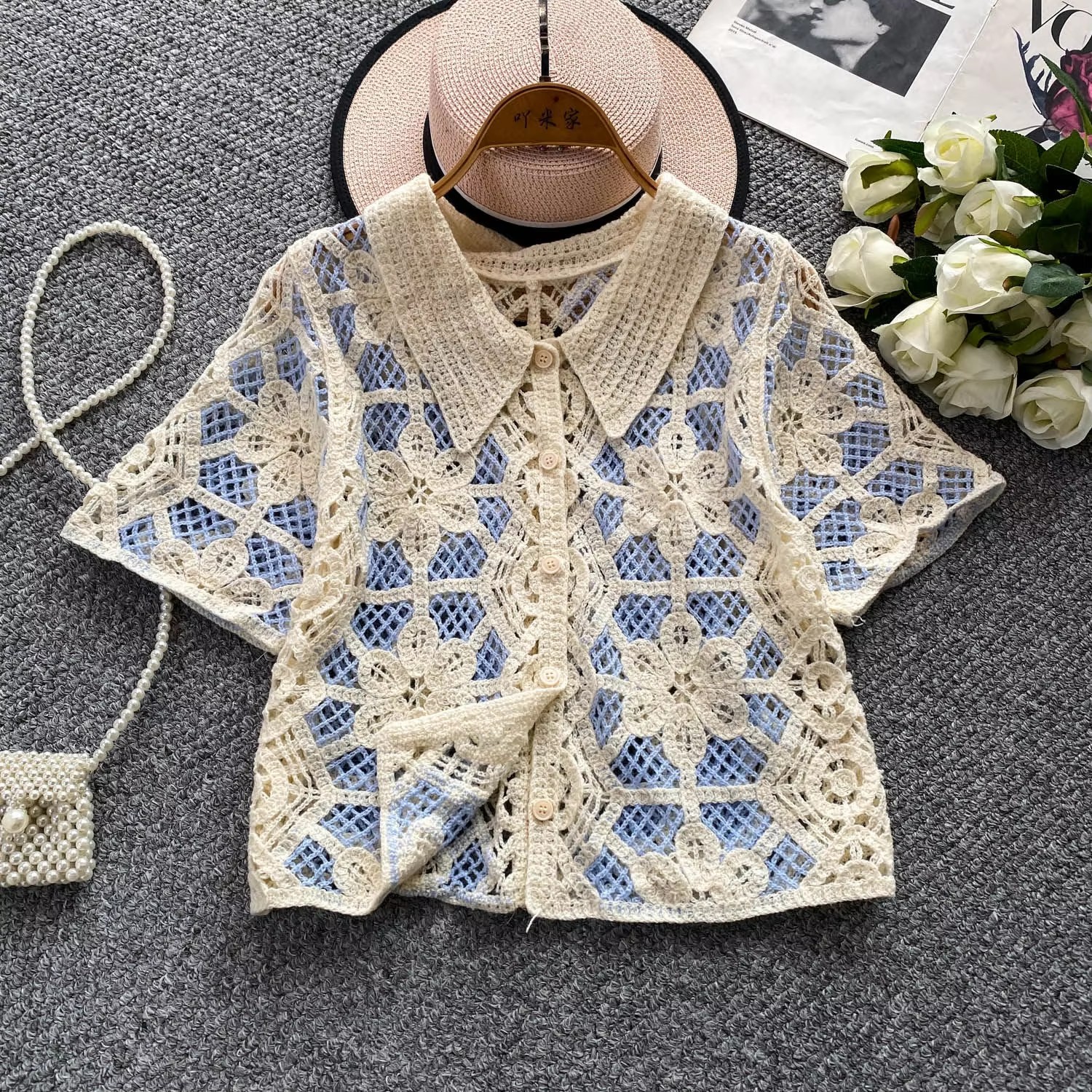 Short Sleeve Button Down Croch - Crochet Top Boho 评论和价格